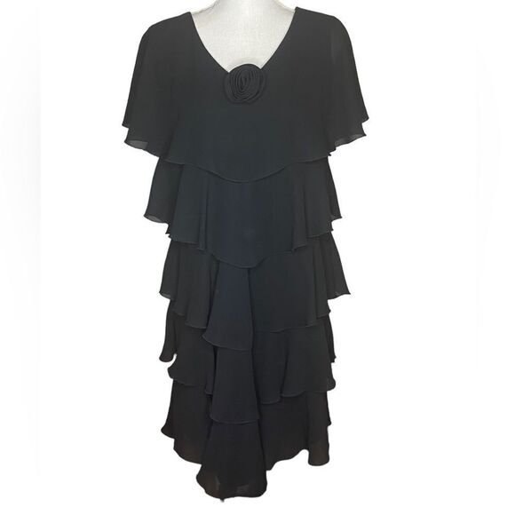 Patra Wm’s Sz 16 Black Ruffle Chiffon Cap Sleeve Flouncy Lined Midi Dress - Picture 1 of 7